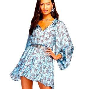 NWT! Ramy Brook Tatum Mystic Blue Leaf Print mini Dress, Size S
